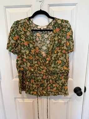 LOFT Green Floral Wrap Peplum Blouse